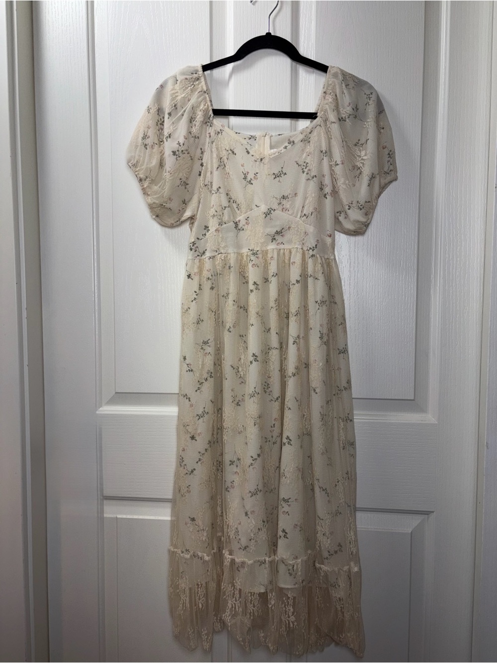 Ivory Floral Lace Overlay Regency Romantice Puff Sleeves Midi Dress Coquette